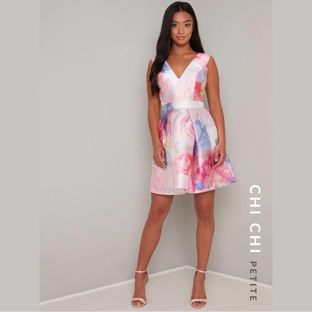 Chi Chi London "Ohanna" Petite V Neck Floral Print Mini Dress in Pink Watercolor